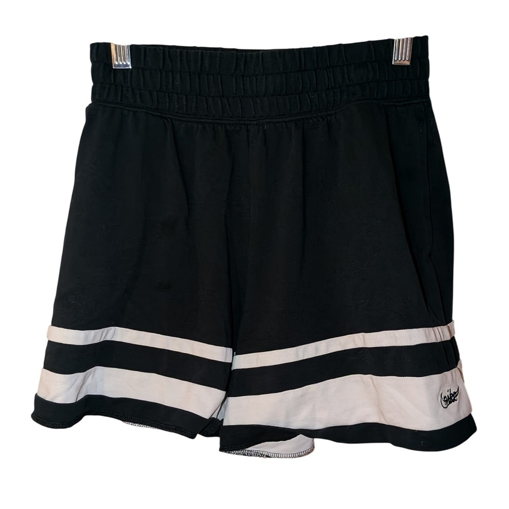 Nike‎ Kids Black White Striped High Waisted Athletic Knit Shorts Script Logo